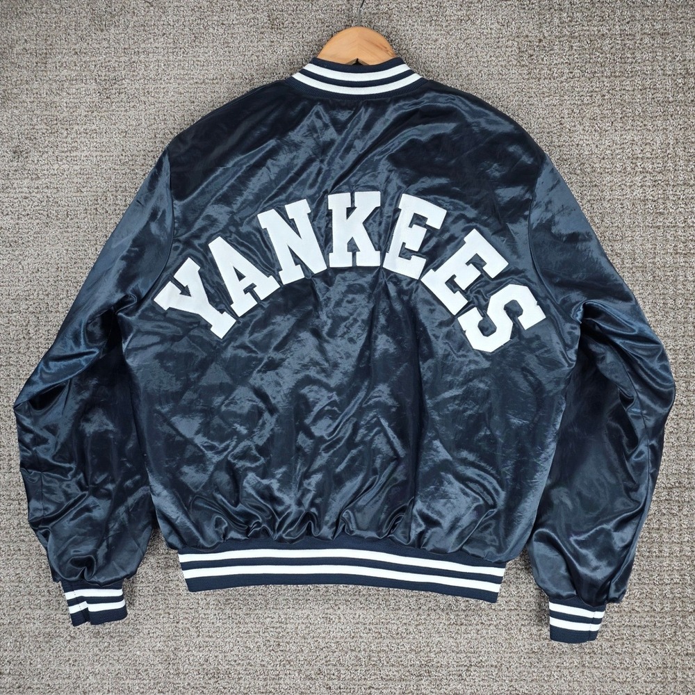 Vintage‎ Chalk Line New York Yankees Satin Bomber Jacket XL Navy Blue Spellout